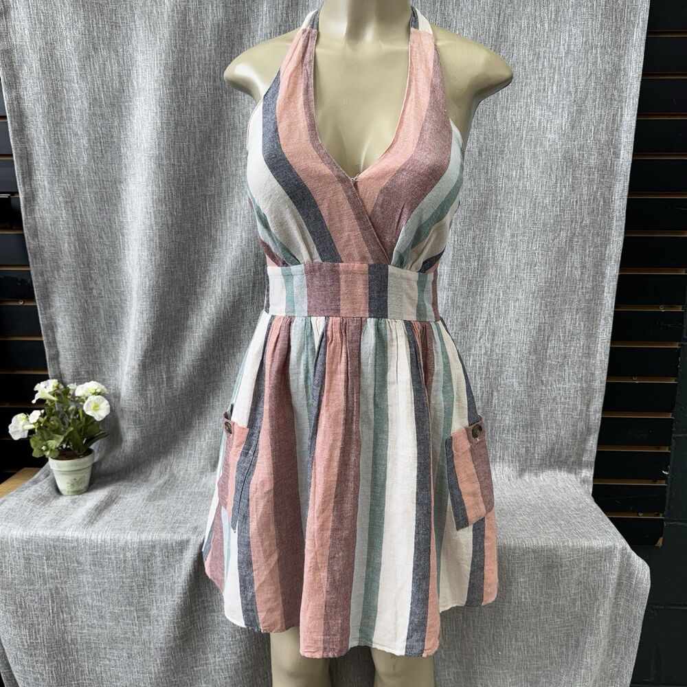 American Eagle Halter Sundress Women S Stripe Cotton Linen Blend Lined Pocket